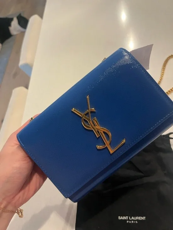 Saint Laurent YSL Bleu Majorelle Blue Patent Leather Monogram Chain Bag Clutch - Picture 8 of 9